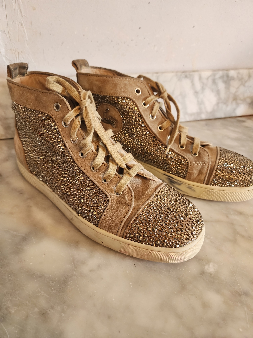 Authentic Christian Louboutin Embellished High-Top Sneakers in Gold